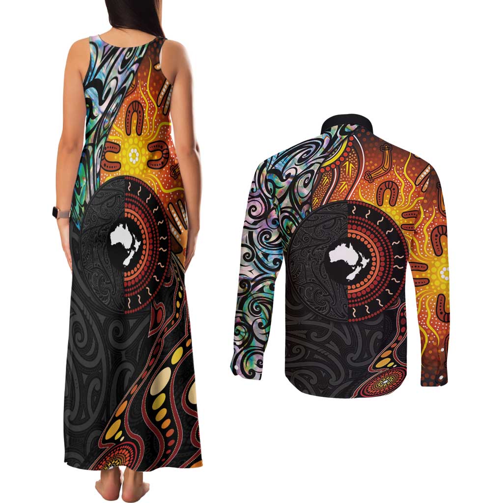 New Zealand and Australia Together Couples Matching Tank Maxi Dress and Long Sleeve Button Shirt Maori Tattoo Paua Shell mix Aboriginal Pattern