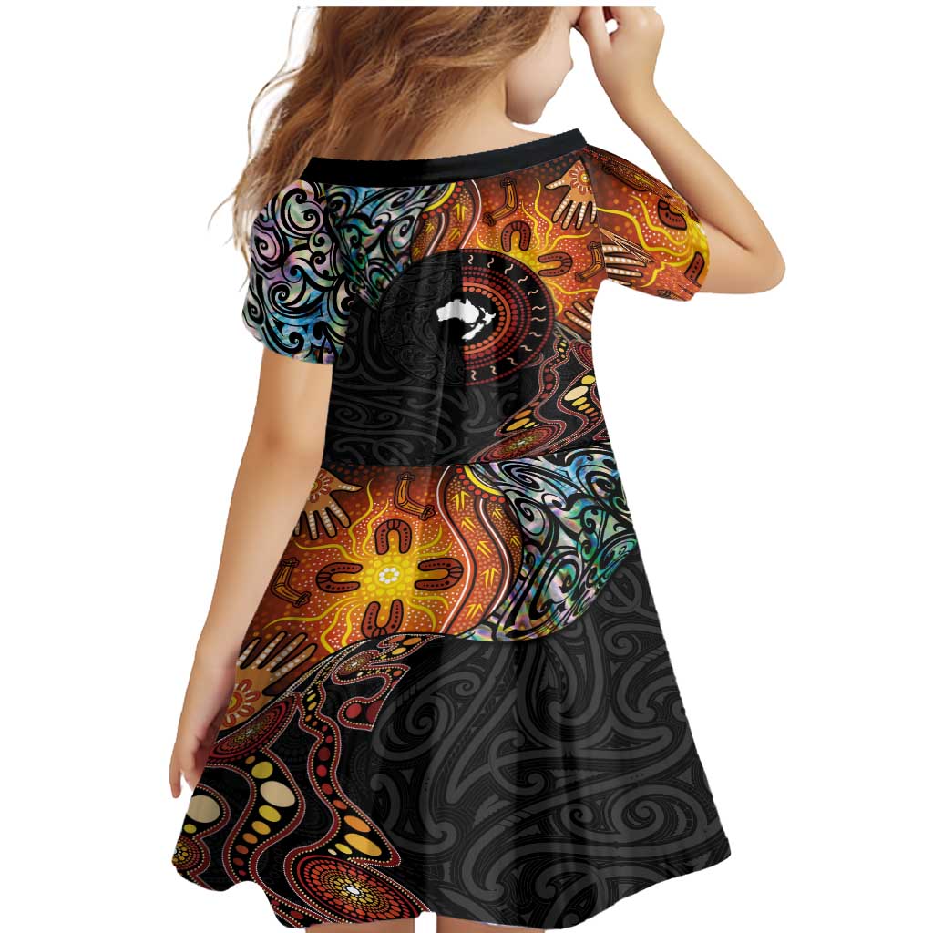 New Zealand and Australia Together Family Matching Mermaid Dress and Hawaiian Shirt Maori Tattoo Paua Shell mix Aboriginal Pattern