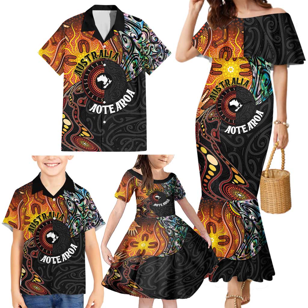 New Zealand and Australia Together Family Matching Mermaid Dress and Hawaiian Shirt Maori Tattoo Paua Shell mix Aboriginal Pattern
