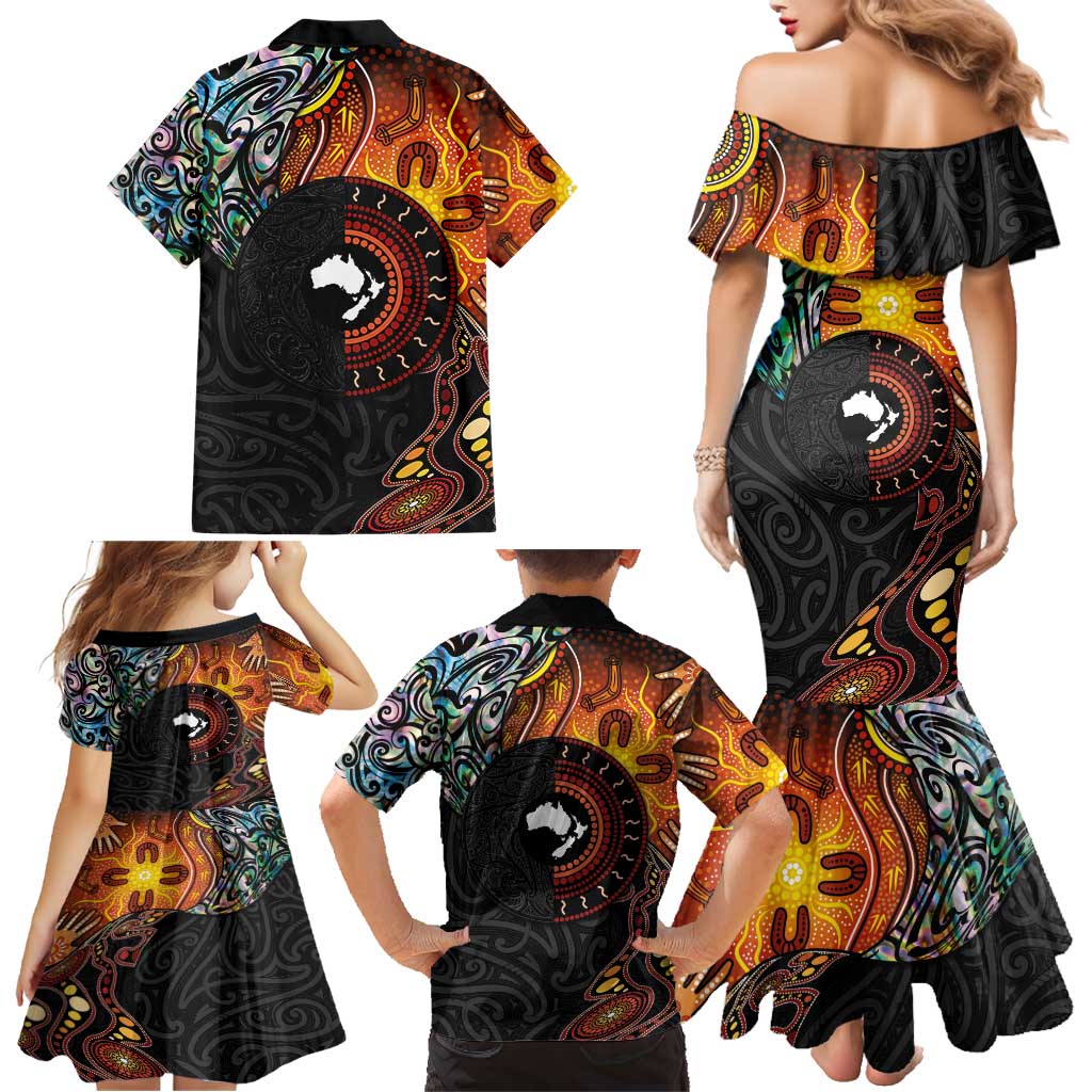 New Zealand and Australia Together Family Matching Mermaid Dress and Hawaiian Shirt Maori Tattoo Paua Shell mix Aboriginal Pattern