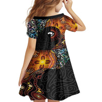 New Zealand and Australia Together Family Matching Short Sleeve Bodycon Dress and Hawaiian Shirt Maori Tattoo Paua Shell mix Aboriginal Pattern