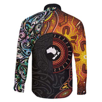 New Zealand and Australia Together Family Matching Short Sleeve Bodycon Dress and Hawaiian Shirt Maori Tattoo Paua Shell mix Aboriginal Pattern