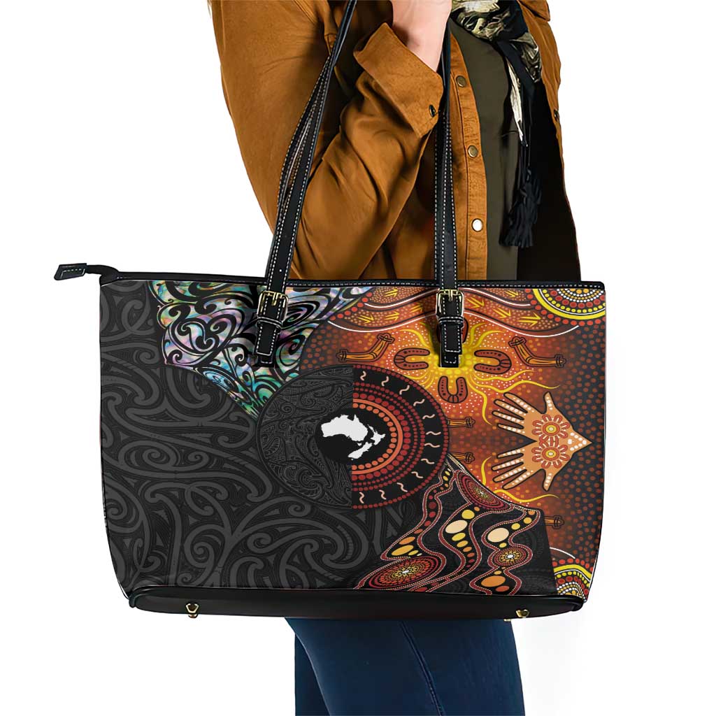 New Zealand and Australia Together Leather Tote Bag Maori Tattoo Paua Shell mix Aboriginal Pattern