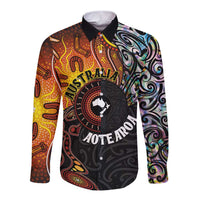 New Zealand and Australia Together Long Sleeve Button Shirt Maori Tattoo Paua Shell mix Aboriginal Pattern LT03 Unisex Black - Polynesian Pride