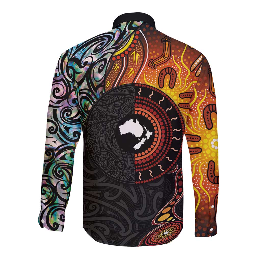 New Zealand and Australia Together Long Sleeve Button Shirt Maori Tattoo Paua Shell mix Aboriginal Pattern LT03 - Polynesian Pride
