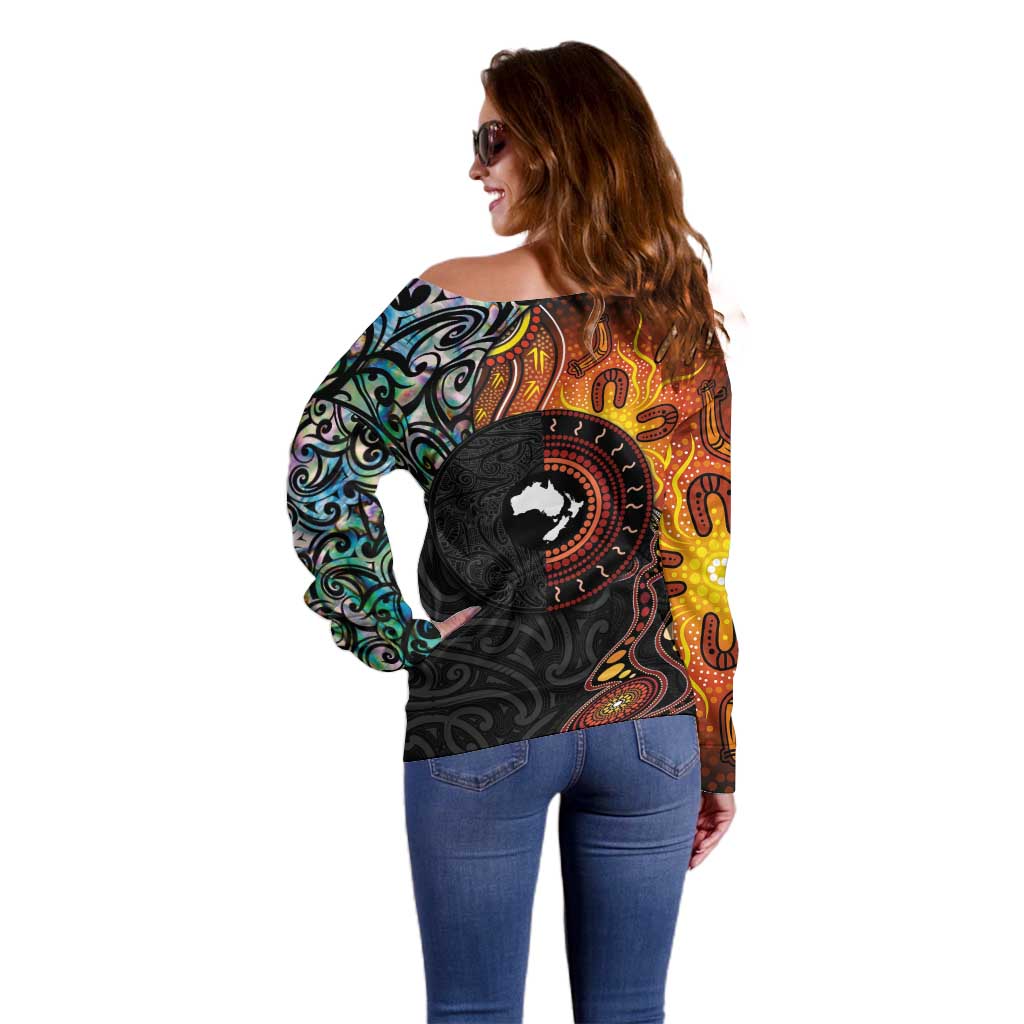 New Zealand and Australia Together Off Shoulder Sweater Maori Tattoo Paua Shell mix Aboriginal Pattern