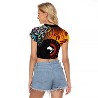 New Zealand and Australia Together Raglan Cropped T Shirt Maori Tattoo Paua Shell mix Aboriginal Pattern LT03 - Polynesian Pride