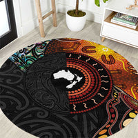 New Zealand and Australia Together Round Carpet Maori Tattoo Paua Shell mix Aboriginal Pattern LT03 Black - Polynesian Pride