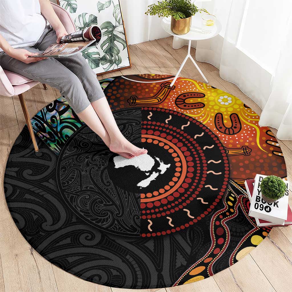 New Zealand and Australia Together Round Carpet Maori Tattoo Paua Shell mix Aboriginal Pattern LT03 - Polynesian Pride