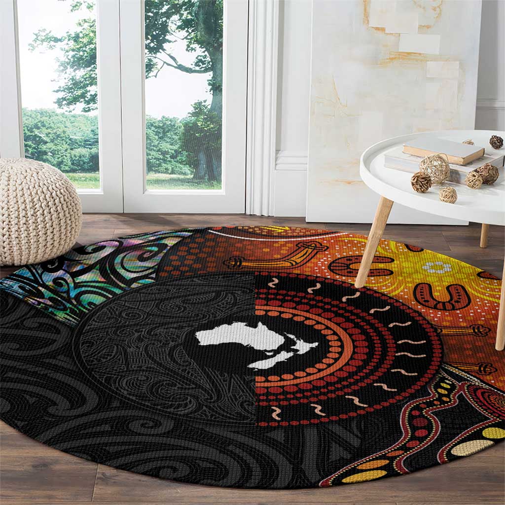 New Zealand and Australia Together Round Carpet Maori Tattoo Paua Shell mix Aboriginal Pattern LT03 - Polynesian Pride