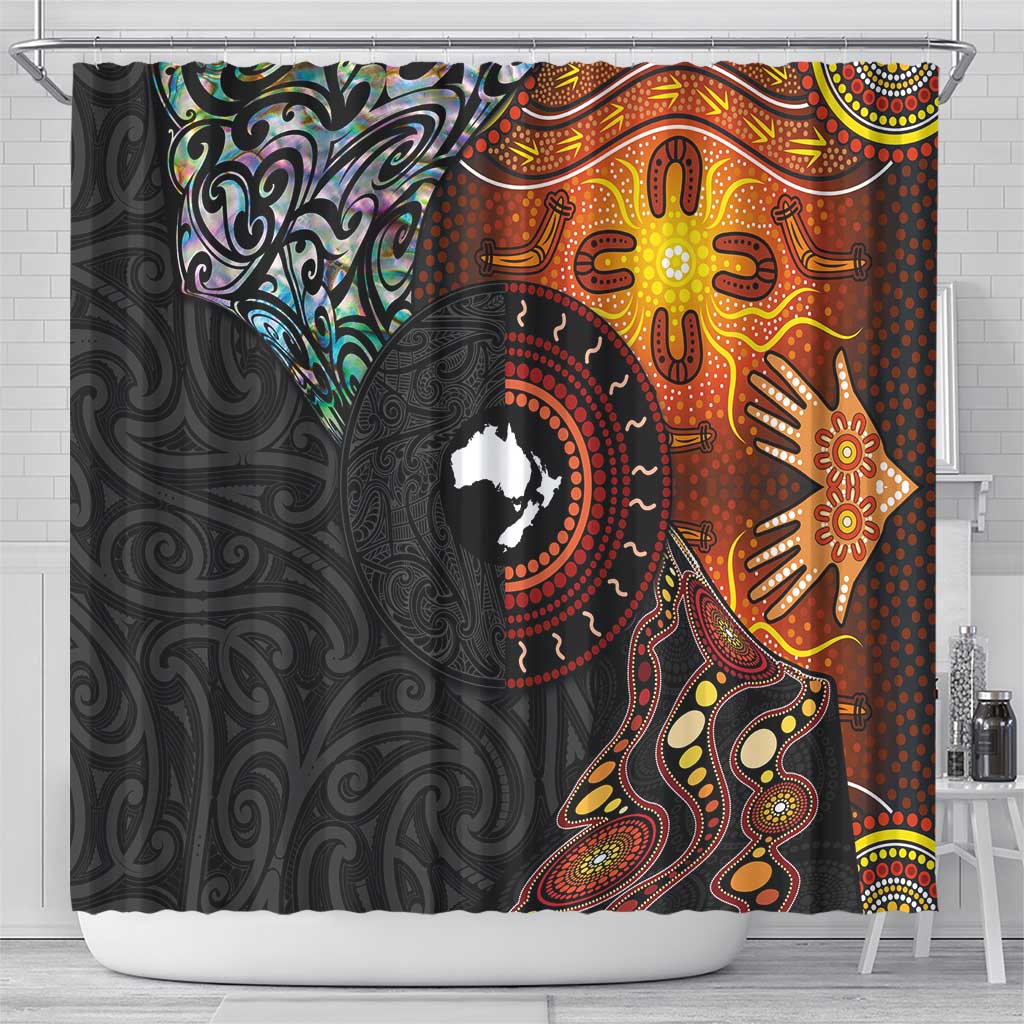 New Zealand and Australia Together Shower Curtain Maori Tattoo Paua Shell mix Aboriginal Pattern