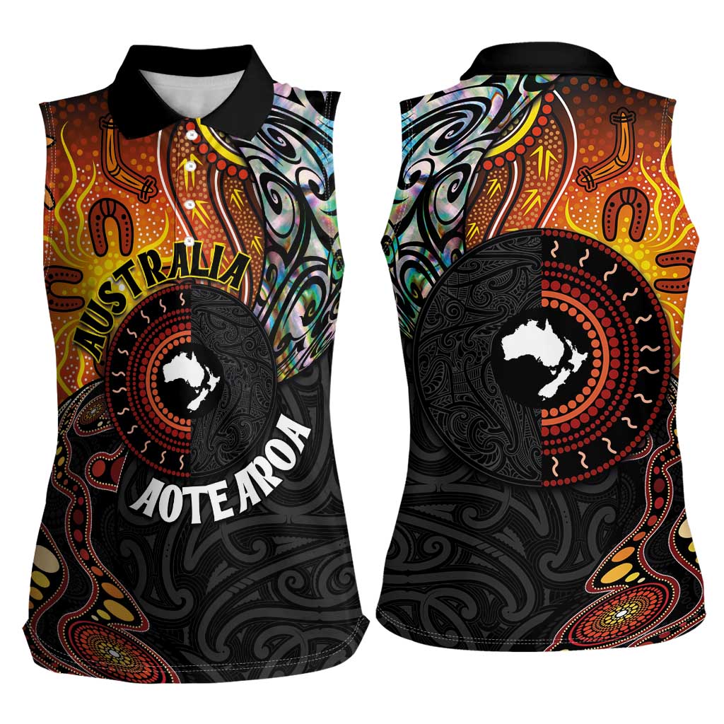 New Zealand and Australia Together Women Sleeveless Polo Shirt Maori Tattoo Paua Shell mix Aboriginal Pattern