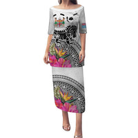 Fiji Iguana Puletasi Tapa Tribal Tattoo and Hibiscus LT03 Long Dress White - Polynesian Pride