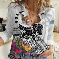 Fiji Iguana Women Casual Shirt Tapa Tribal Tattoo and Hibiscus
