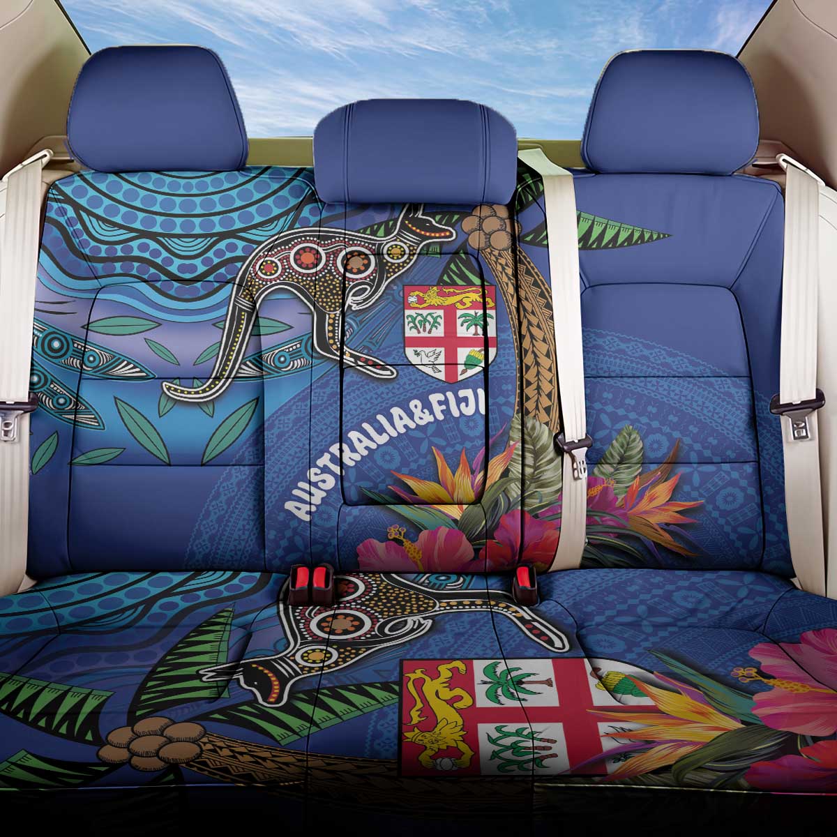 Fiji and Australia Together Back Car Seat Cover Aboriginal Kangaroo and Tapa Tribal Hibiscus LT03 One Size Blue - Polynesian Pride
