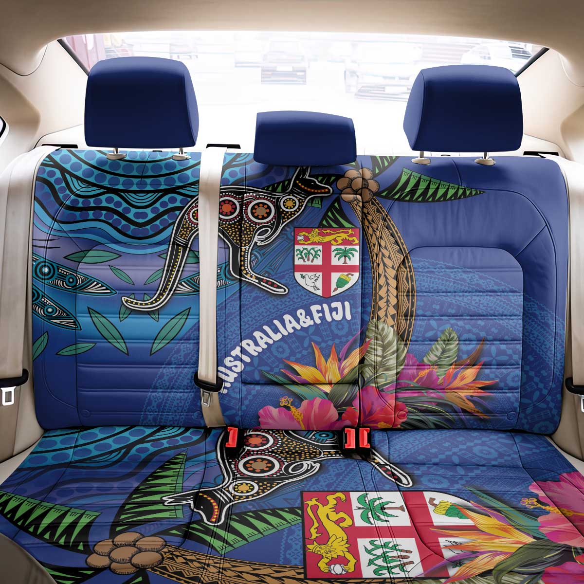 Fiji and Australia Together Back Car Seat Cover Aboriginal Kangaroo and Tapa Tribal Hibiscus LT03 - Polynesian Pride
