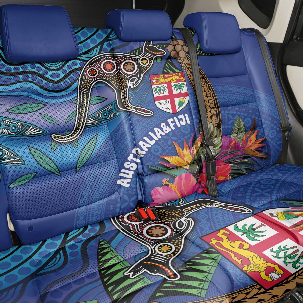 Fiji and Australia Together Back Car Seat Cover Aboriginal Kangaroo and Tapa Tribal Hibiscus LT03 - Polynesian Pride