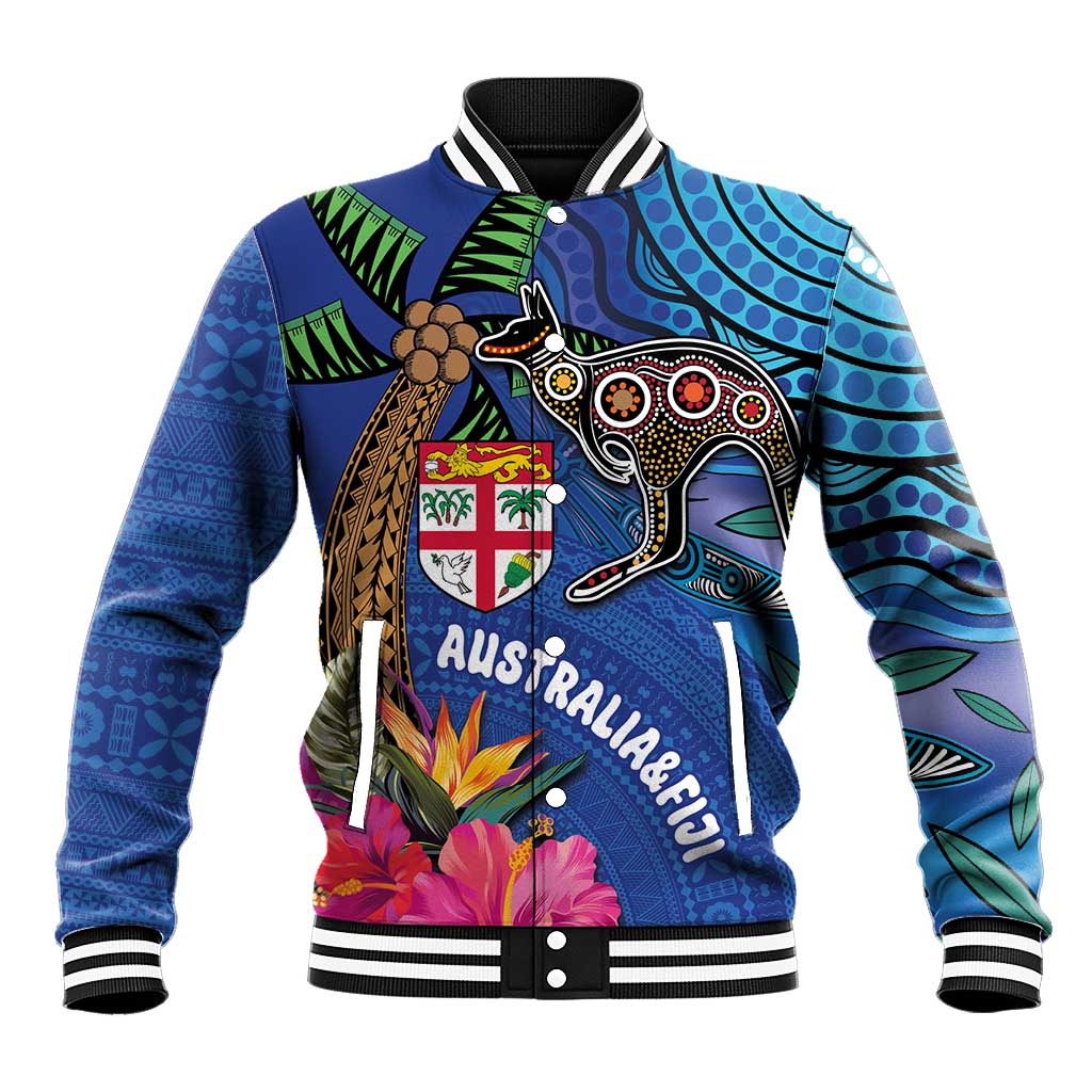 Fiji and Australia Together Baseball Jacket Aboriginal Kangaroo and Tapa Tribal Hibiscus LT03 Unisex Blue - Polynesian Pride