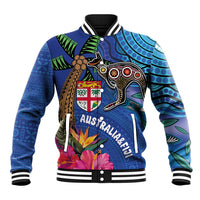 Fiji and Australia Together Baseball Jacket Aboriginal Kangaroo and Tapa Tribal Hibiscus LT03 Unisex Blue - Polynesian Pride