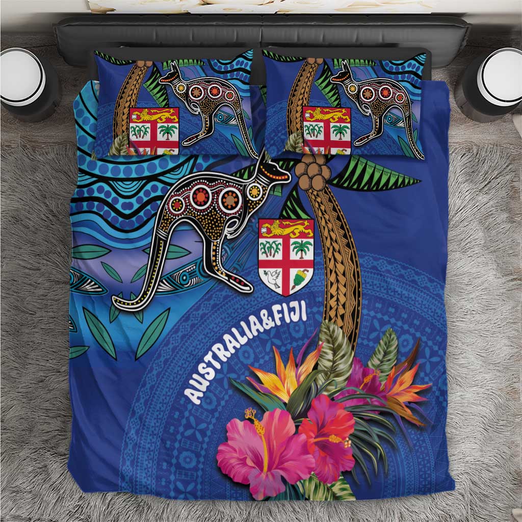 Fiji and Australia Together Bedding Set Aboriginal Kangaroo and Tapa Tribal Hibiscus LT03 Blue - Polynesian Pride