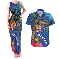 Fiji and Australia Together Couples Matching Tank Maxi Dress and Hawaiian Shirt Aboriginal Kangaroo and Tapa Tribal Hibiscus LT03 Blue - Polynesian Pride