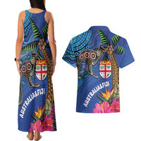 Fiji and Australia Together Couples Matching Tank Maxi Dress and Hawaiian Shirt Aboriginal Kangaroo and Tapa Tribal Hibiscus LT03 - Polynesian Pride