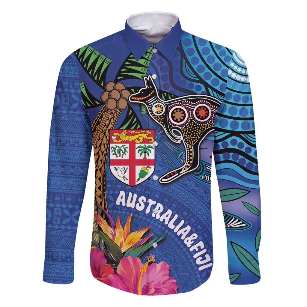 Fiji and Australia Together Family Matching Long Sleeve Bodycon Dress and Hawaiian Shirt Aboriginal Kangaroo and Tapa Tribal Hibiscus
