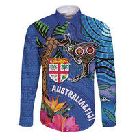 Fiji and Australia Together Family Matching Long Sleeve Bodycon Dress and Hawaiian Shirt Aboriginal Kangaroo and Tapa Tribal Hibiscus