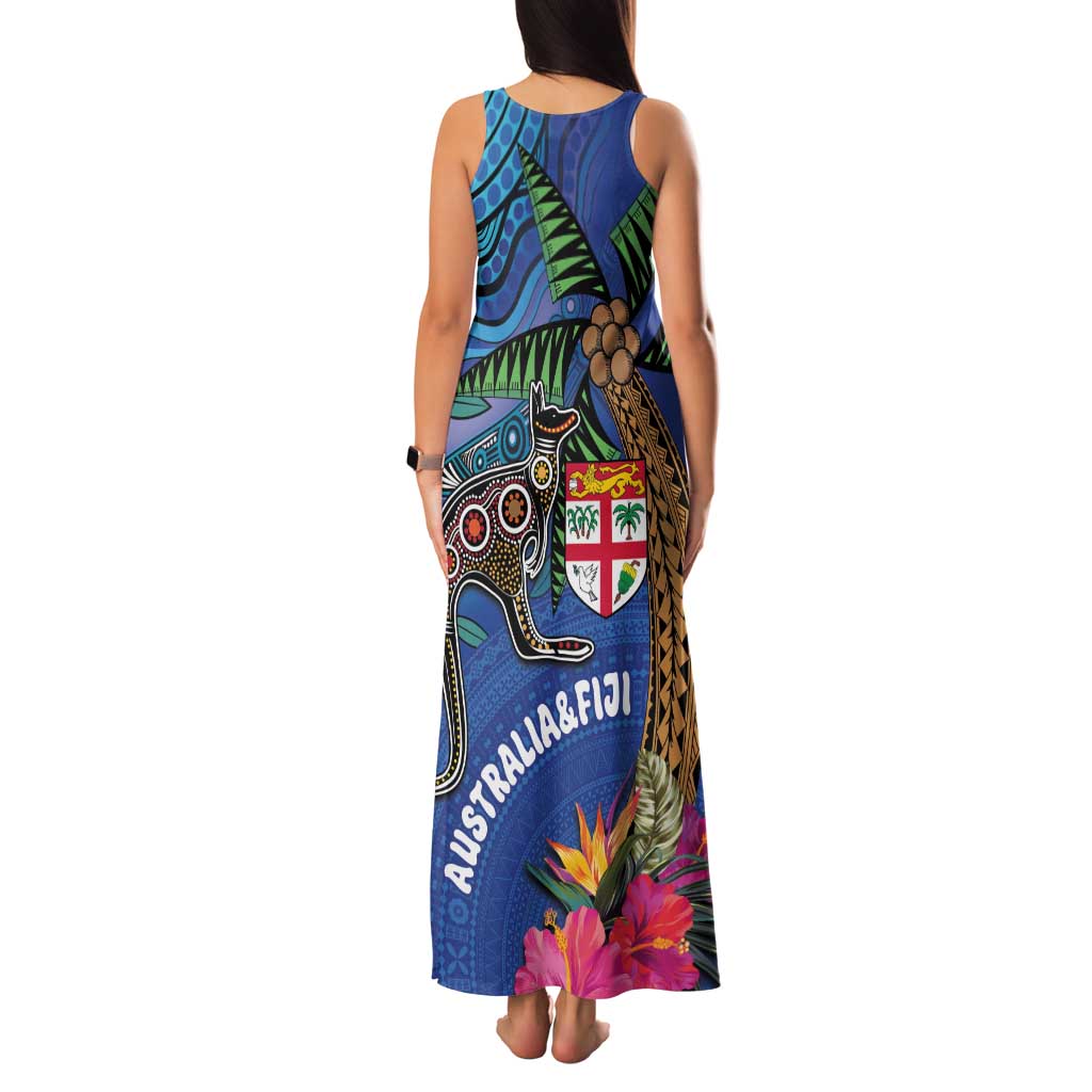 Fiji and Australia Together Family Matching Tank Maxi Dress and Hawaiian Shirt Aboriginal Kangaroo and Tapa Tribal Hibiscus