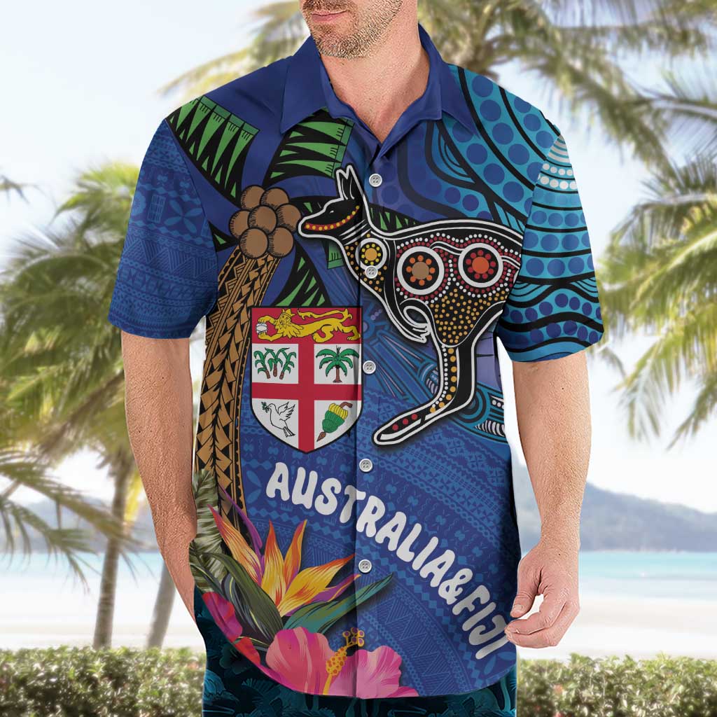Fiji and Australia Together Hawaiian Shirt Aboriginal Kangaroo and Tapa Tribal Hibiscus