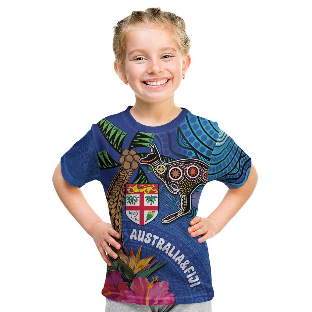 Fiji and Australia Together Kid T Shirt Aboriginal Kangaroo and Tapa Tribal Hibiscus LT03 Blue - Polynesian Pride