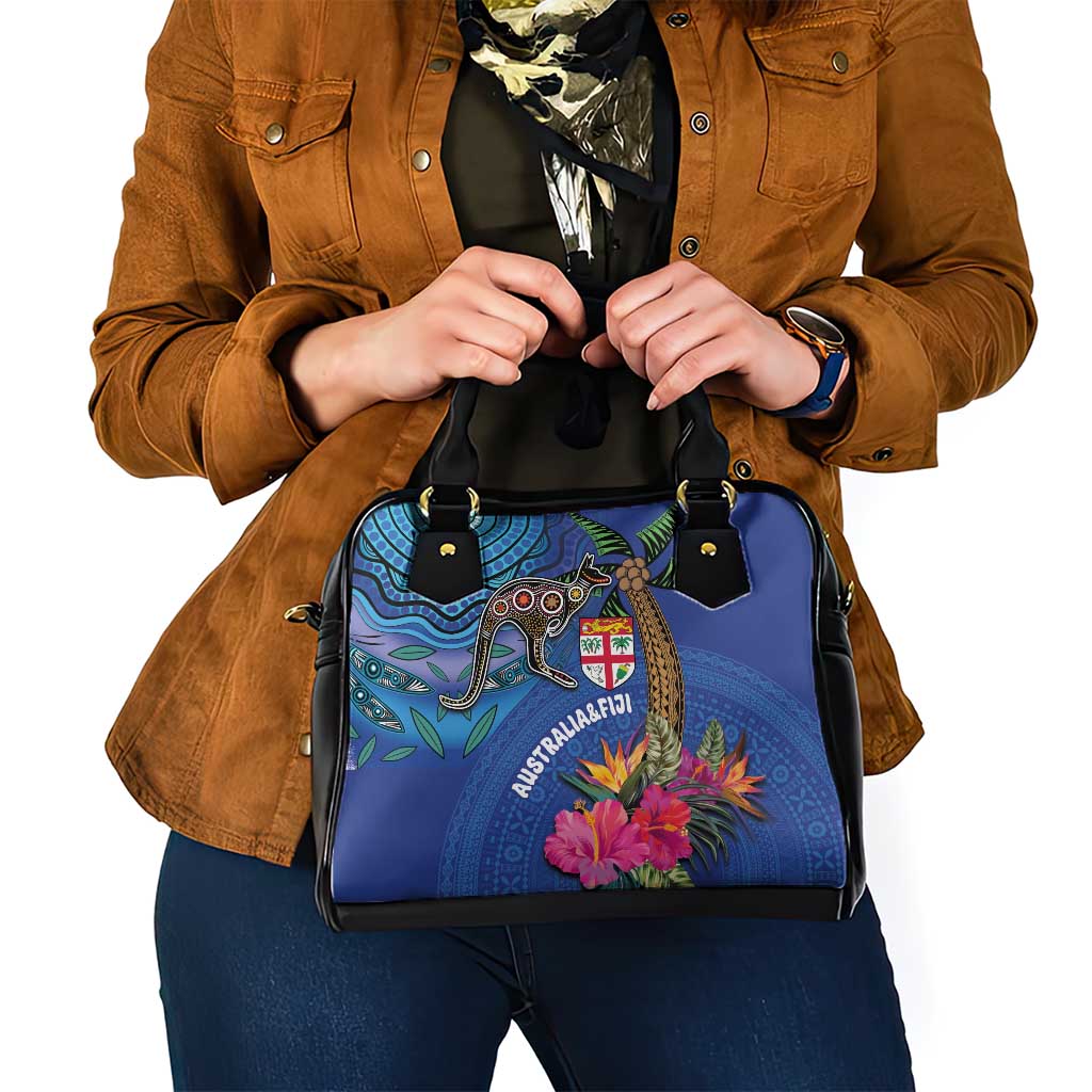 Fiji and Australia Together Shoulder Handbag Aboriginal Kangaroo and Tapa Tribal Hibiscus