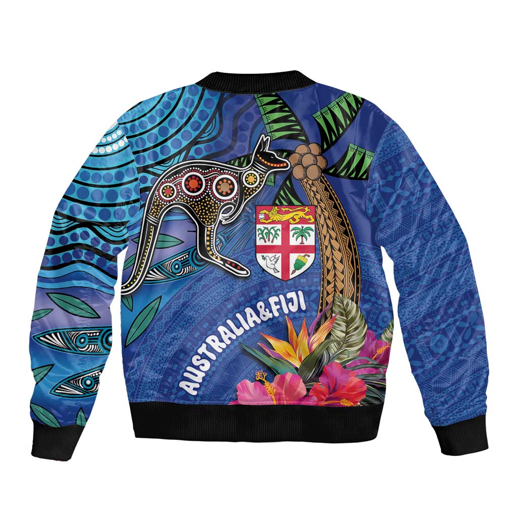 Fiji and Australia Together Sleeve Zip Bomber Jacket Aboriginal Kangaroo and Tapa Tribal Hibiscus