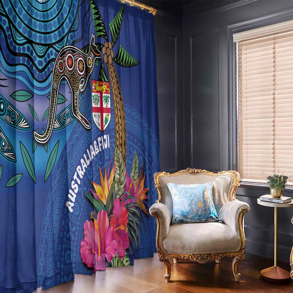 Fiji and Australia Together Window Curtain Aboriginal Kangaroo and Tapa Tribal Hibiscus