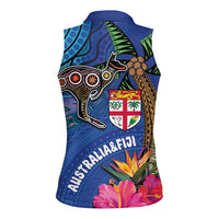 Fiji and Australia Together Women Sleeveless Polo Shirt Aboriginal Kangaroo and Tapa Tribal Hibiscus