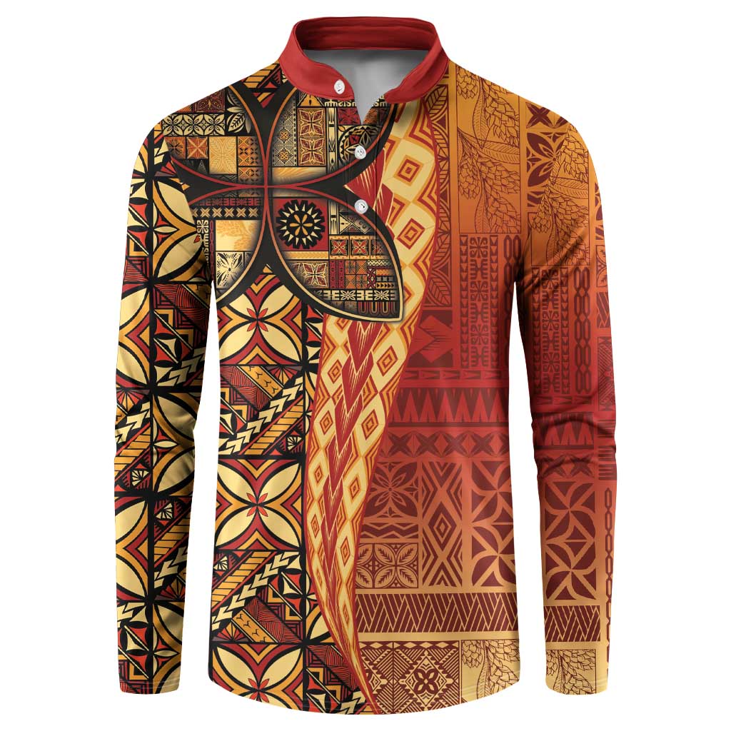 Samoan Pacific Tribal Flower Geometric Art Tattoos Button Sweatshirt Siapo Pattern Flame Sunset - Polynesian Pride