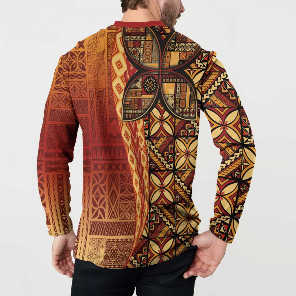 Samoan Pacific Tribal Flower Geometric Art Tattoos Button Sweatshirt Siapo Pattern Flame Sunset - Polynesian Pride