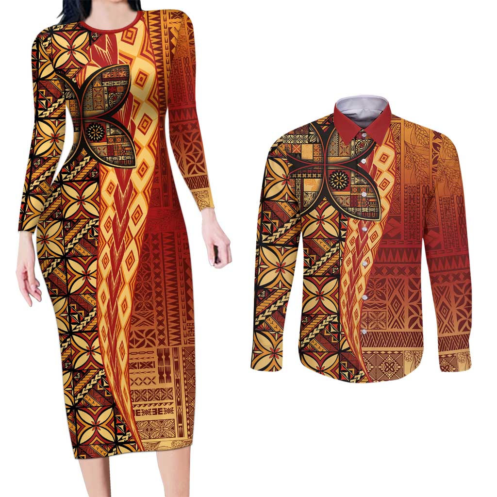 Samoan Pacific Tribal Flower Geometric Art Tattoos Couples Matching Long Sleeve Bodycon Dress and Long Sleeve Button Shirt Siapo Pattern Flame Sunset - Polynesian Pride