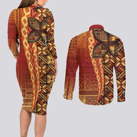 Samoan Pacific Tribal Flower Geometric Art Tattoos Couples Matching Long Sleeve Bodycon Dress and Long Sleeve Button Shirt Siapo Pattern Flame Sunset - Polynesian Pride