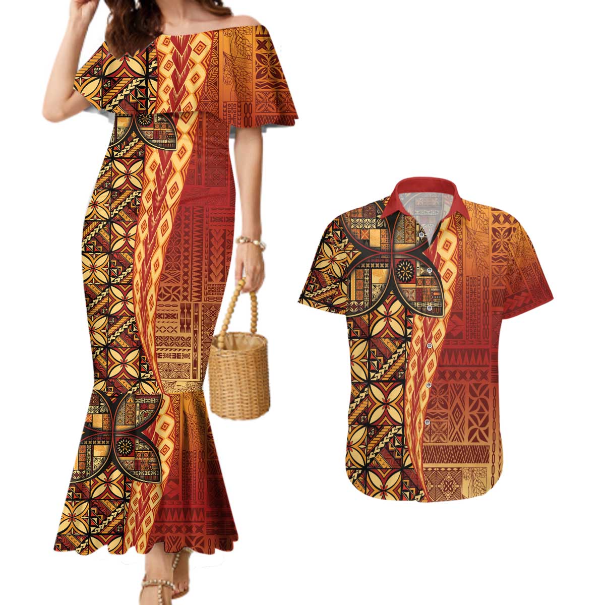 Samoan Pacific Tribal Flower Geometric Art Tattoos Couples Matching Mermaid Dress and Hawaiian Shirt Siapo Pattern Flame Sunset - Polynesian Pride