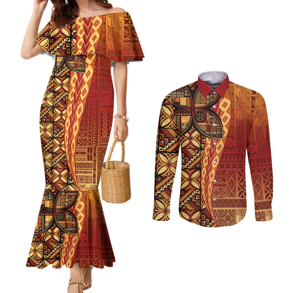 Samoan Pacific Tribal Flower Geometric Art Tattoos Couples Matching Mermaid Dress and Long Sleeve Button Shirt Siapo Pattern Flame Sunset - Polynesian Pride