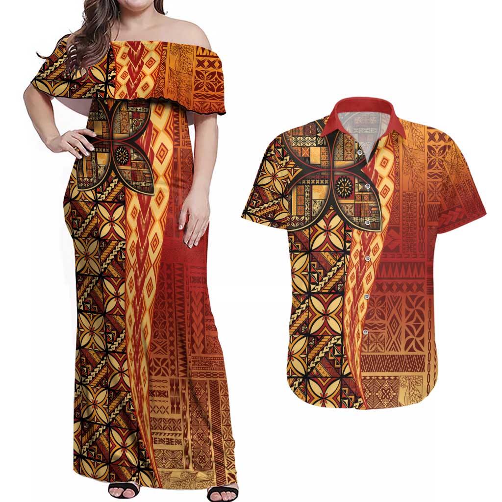 Samoan Pacific Tribal Flower Geometric Art Tattoos Couples Matching Off Shoulder Maxi Dress and Hawaiian Shirt Siapo Pattern Flame Sunset - Polynesian Pride