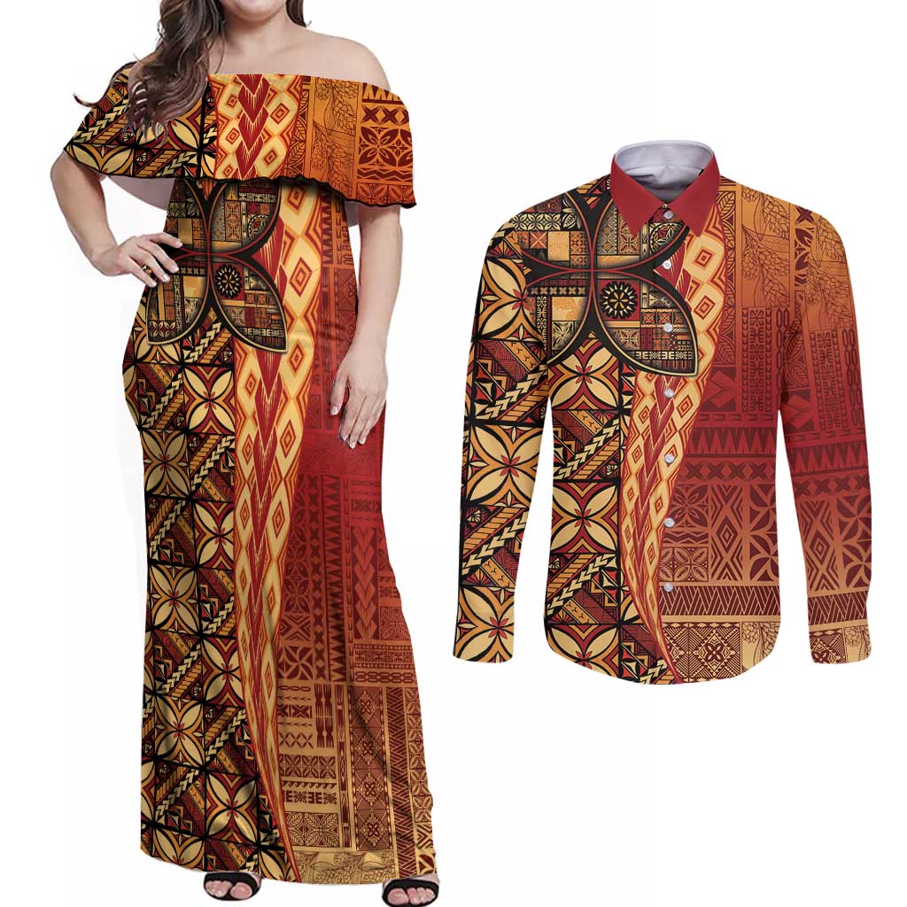 Samoan Pacific Tribal Flower Geometric Art Tattoos Couples Matching Off Shoulder Maxi Dress and Long Sleeve Button Shirt Siapo Pattern Flame Sunset - Polynesian Pride