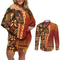 Samoan Pacific Tribal Flower Geometric Art Tattoos Couples Matching Off Shoulder Short Dress and Long Sleeve Button Shirt Siapo Pattern Flame Sunset - Polynesian Pride