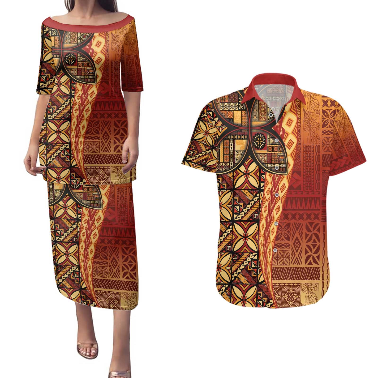 Samoan Pacific Tribal Flower Geometric Art Tattoos Couples Matching Puletasi and Hawaiian Shirt Siapo Pattern Flame Sunset - Polynesian Pride