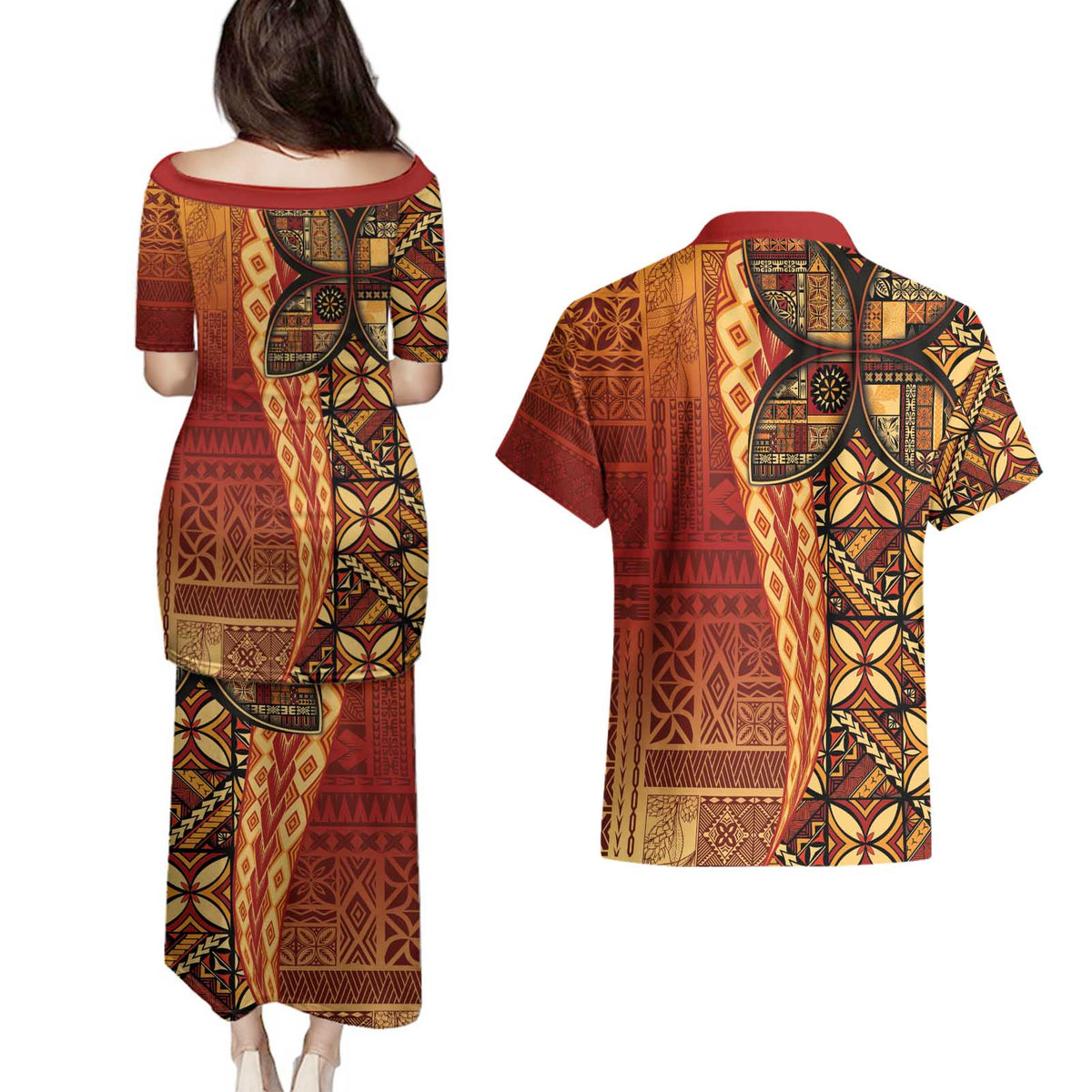 Samoan Pacific Tribal Flower Geometric Art Tattoos Couples Matching Puletasi and Hawaiian Shirt Siapo Pattern Flame Sunset - Polynesian Pride