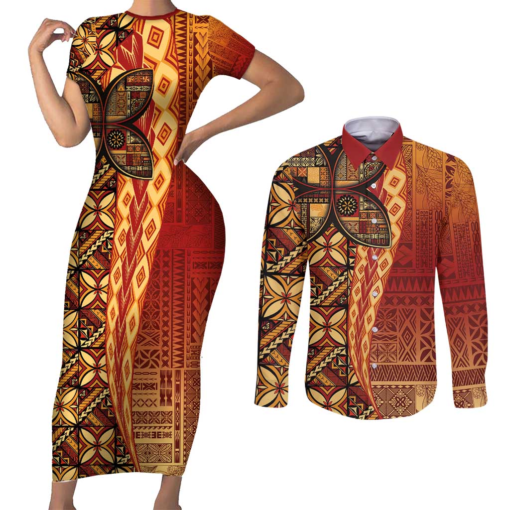Samoan Pacific Tribal Flower Geometric Art Tattoos Couples Matching Short Sleeve Bodycon Dress and Long Sleeve Button Shirt Siapo Pattern Flame Sunset - Polynesian Pride