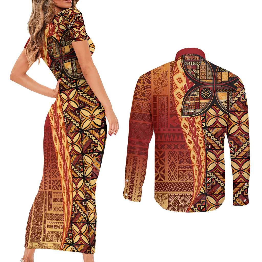 Samoan Pacific Tribal Flower Geometric Art Tattoos Couples Matching Short Sleeve Bodycon Dress and Long Sleeve Button Shirt Siapo Pattern Flame Sunset - Polynesian Pride