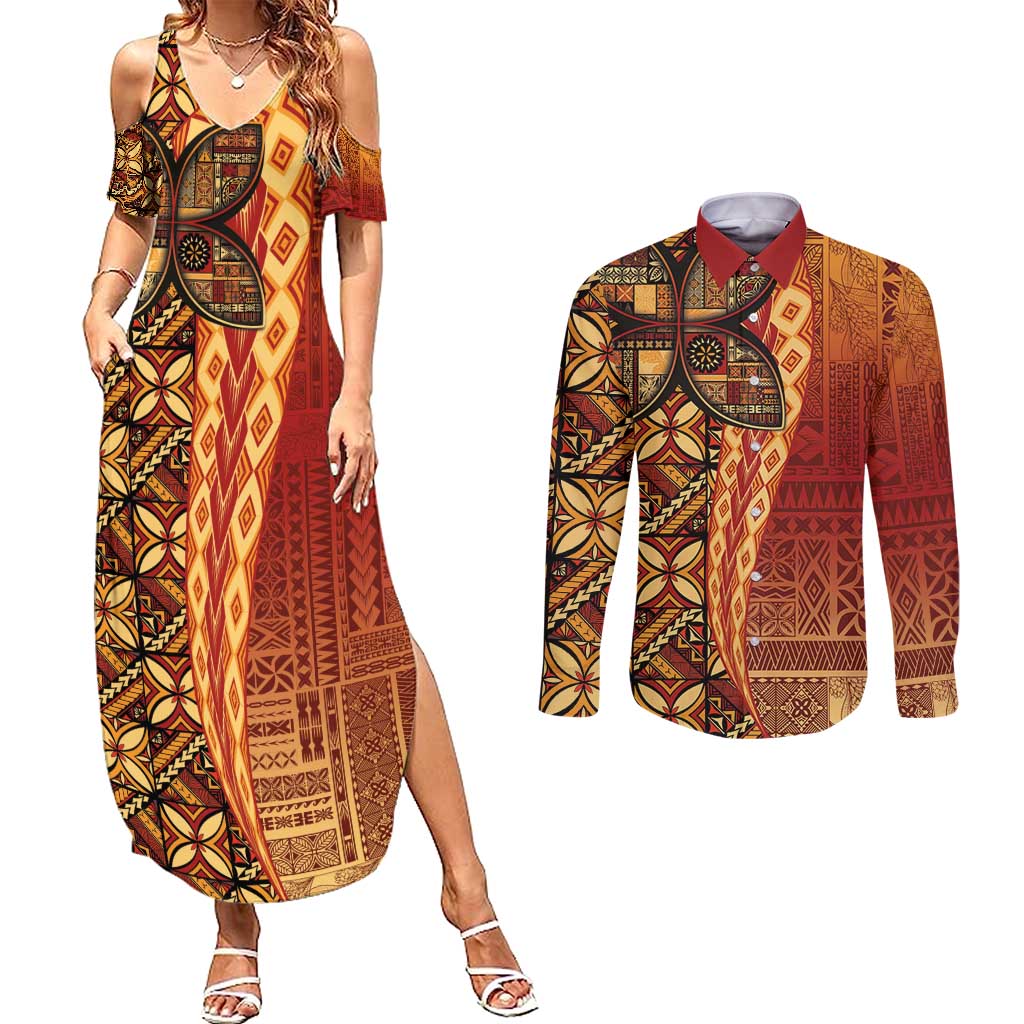 Samoan Pacific Tribal Flower Geometric Art Tattoos Couples Matching Summer Maxi Dress and Long Sleeve Button Shirt Siapo Pattern Flame Sunset - Polynesian Pride