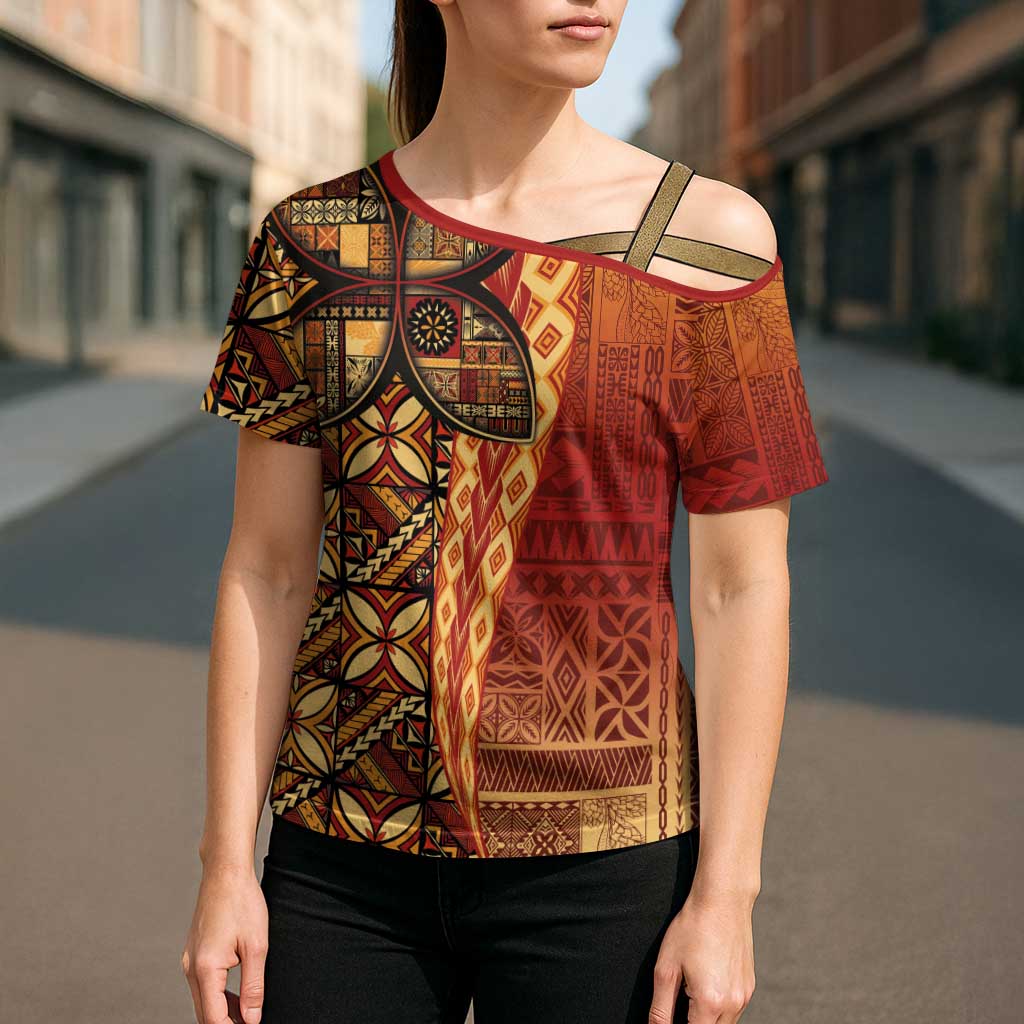 Samoan Pacific Tribal Flower Geometric Art Tattoos Cross Shoulder Shirt Siapo Pattern Flame Sunset - Polynesian Pride